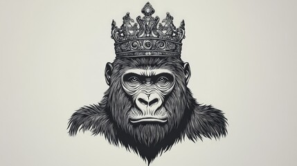Intricate black-and-white illustration of a crowned gorilla's head turning left, adorned with complex patterns and meticulous details