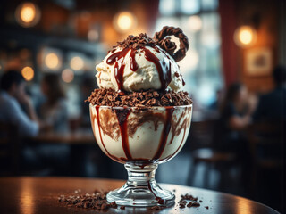 Schokoladeneisbecher mit Sahne, Schokoladensauce und bunten Streuseln