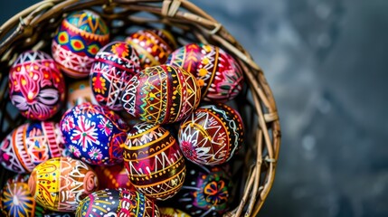 Hand-painted Easter eggs with intricate floral and geometric patterns in vivid red, blue, yellow, and purple hues, arranged in a woven basket against a dark charcoal-gray backdrop. 