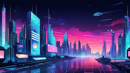 Futuristic Cityscape at Night Reflecting on Water with Glowing Neon Lights