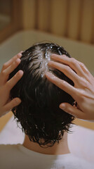 Naklejka premium Photo - Woman Washing Hair, Water, Hands, Bathroom, Shower, Clean, Hygiene, Treatment, Wellness, Beauty