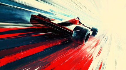 A red racing car zooming through a curving road, leaving vibrant motion trails.