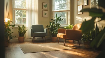 Fototapeta premium Sunlit living room with armchairs, plants, and rug.