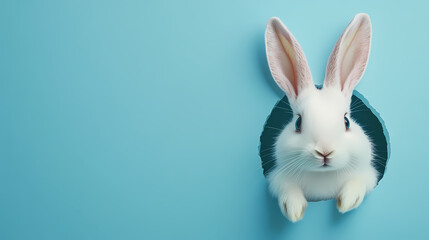 Obraz premium White rabbit peeking through blue cardboard hole
