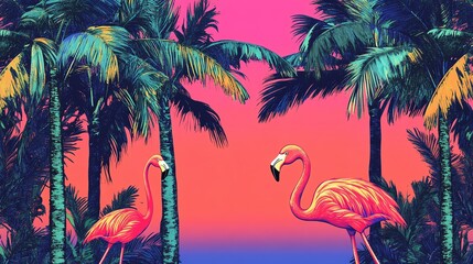 Colorful Flamingos Amidst Tropical Palms at Sunset