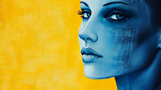 Portrait of a Person with Facial Paralysis in Blue Tones Against Vibrant Yellow Background, Highlighting Asymmetrical Expression and Artistic Contrast for Medical and Emotional Concepts