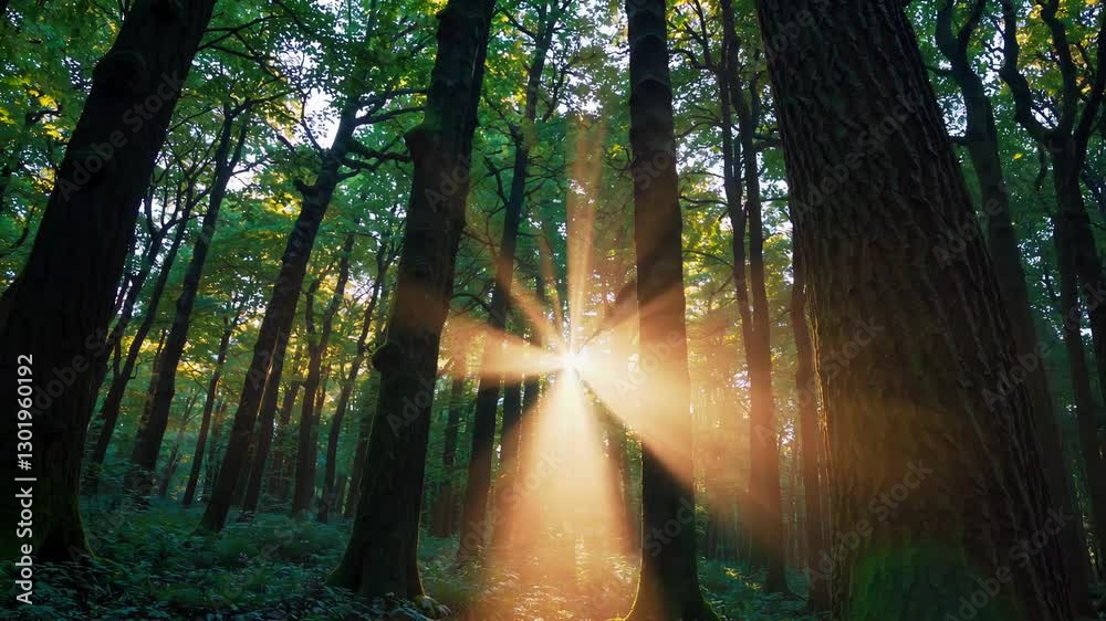 Poster Sunlight streaming through forest trees creating a glowing effect. Nature tranquility