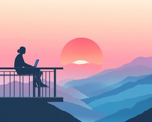 Person Working on a Laptop While Enjoying a Colorful Sunset Over Mountainous Landscape
