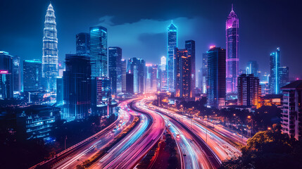 Fototapeta premium City nightscape with buildings and light trails