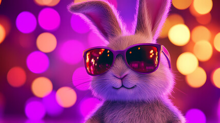 Cool bunny with sunglasses in colorful lights