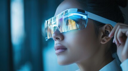 Woman adjusting futuristic smart glasses.