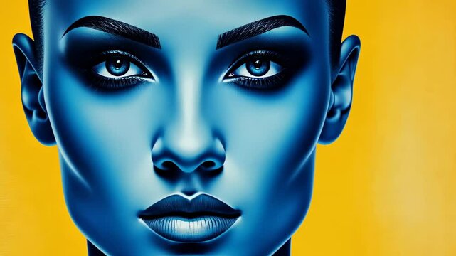Portrait of a Person with Facial Paralysis in Blue Tones Against Vibrant Yellow Background, Highlighting Asymmetrical Expression and Artistic Contrast for Medical and Emotional Concepts