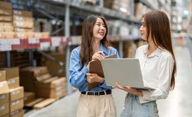 Female engineers team discussing inventory in warehouse logistics and supply chain planning, operation management, data analysis, warehouse shipping, inventory tracking, optimization and technology