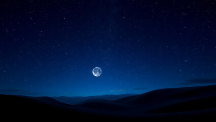 Fototapeta premium Silhouetted Desert Landscape Under Starry Night Sky: Mystic Moon and Celestial Wonders