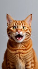 Obraz premium Close-up of an orange tabby cat with wide eyes and mouth open, expressing surprise or excitement, set against a neutral background, highlighting its expressive face and vibrant fur
