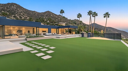 Obraz premium Photo - Modern Home, Sunset, Mountains, Luxury, Architecture, Design, Landscape, Exterior, Real Estate, Home