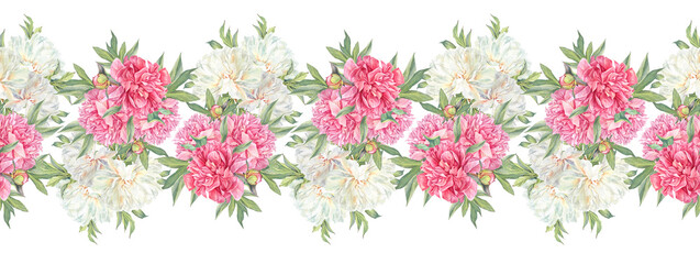Fototapeta premium Watercolor seamless rim with bouquet pink and white milk peony summer flower on white background. Floral plant with leaves. Border for florist or wedding invite celebration. Wallpaper or wrapping