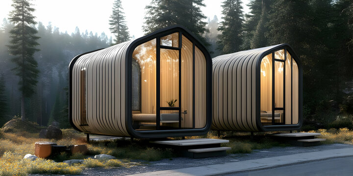 3D Illustration Modern Tiny Houses Forest Retreat Architecture Design Cabin Nature Escape