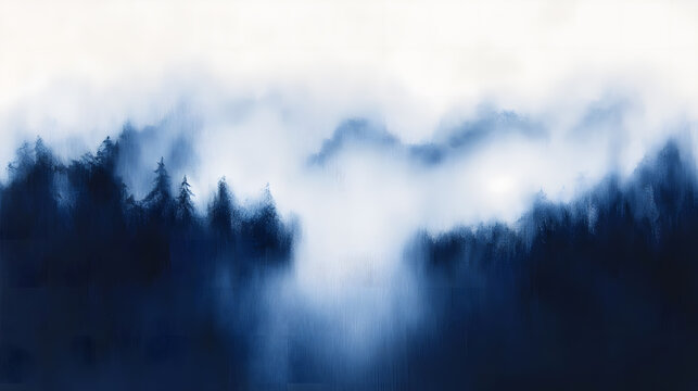 Soft misty scenery with dark blue hues, suggesting tranquility and calmness.