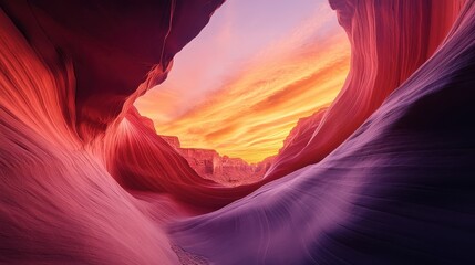 Obraz premium Stunning Sunrise in Antelope Canyon with Vibrant Orange and Purple Skies