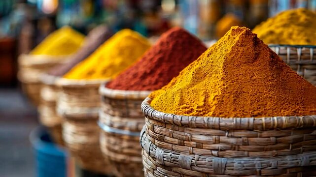 Colorful spices in woven baskets at a market (1)