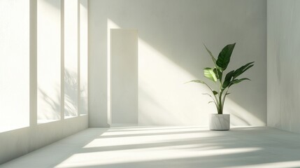 Minimalist room with sunlight and plant.