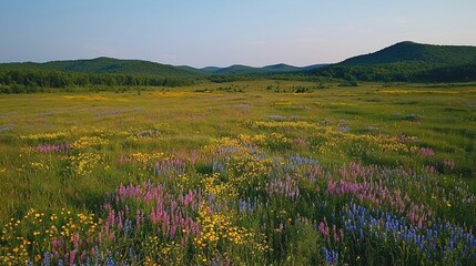 Fototapeta premium Blooming wildflowers in a mountain valley sunset meadow, aerial view, nature background
