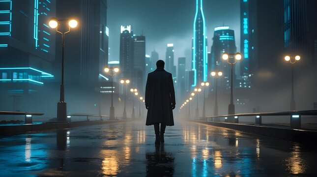 A man walking alone in dark city  Image

