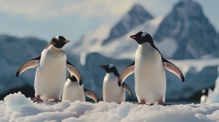 Obraz premium Two gentoo penguins stand facing each other on snowy ground with mountains in the background.