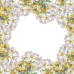 Watercolor square frame with copy space chrysanthemum daisy chamomile and yellow tansy with leaves on white background. Hand-drawn summer bouquet flower for florist. Celebration wedding or wrapping