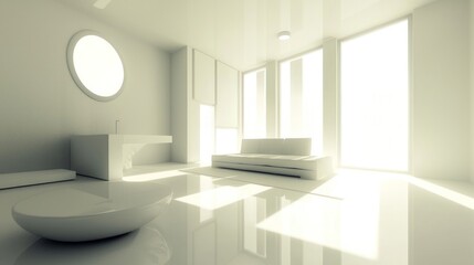 Modern minimalist white living room with large windows and sunlight.