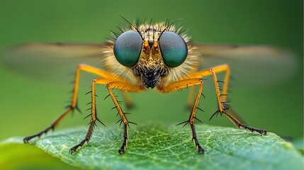 Fototapeta premium Close-up of orange robber fly on leaf, green background; nature macro photography for websites