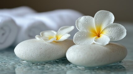 Spa stones with frangipani flowers and towels.
