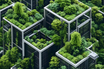 Fototapeta premium 3D Illustration Green Buildings Nature Cityscape Architecture Urban Design Eco-Friendly Sustainability Green Roof Trees Plants Foliage