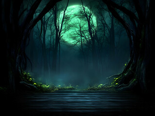 Naklejka premium Illustration - Dark Forest Moon Night Background with Wooden Path