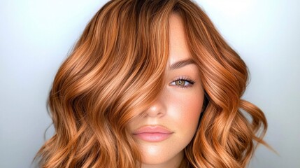 Fototapeta premium Stunning Copper Balayage Hair Medium Waves Soft Curls Beauty Salon