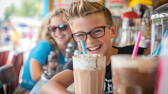 Family Enjoying Milkshakes at a Colorful Diner