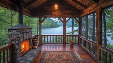 Lakefront Cabin Porch with Fireplace