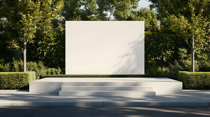 3D Illustration - Empty White Podium Stage, Greenery Backdrop