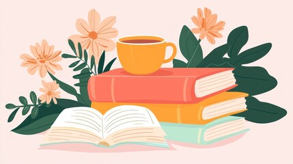 Cozy reading nook with books, tea, and flowers.