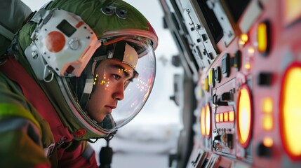 Young Astronaut Contemplating Space Mission Control Panel