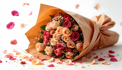 Roses Bouquet in Wrapping with Scattered Petals on White Surface