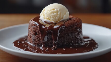 Decadent Chocolate Cake with Melting Ice Cream on a Wooden Table