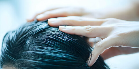 Fototapeta premium Photo Wet Hair Care, Treatment, Health, Beauty, Wellness, Hands, Fingers, Touch, Soft, Gentle