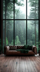 Fototapeta premium 3D Illustration Forest View Room Interior Design, Cozy Sofa, Wood Floor