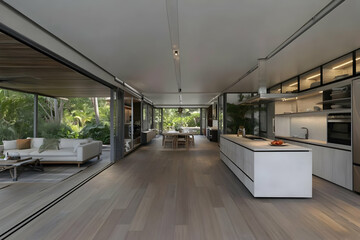 Obraz premium Photo - Modern Home Interior Design, Kitchen, Living Room, Dining Area, Architecture, Home Decor, Tropical Garden, Open Plan, Indoor Outdoor Living