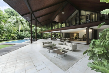 Fototapeta premium Photo Modern Home, Patio, Pool, Tropical, Luxury, Architecture, Interior, Design, Nature, Garden