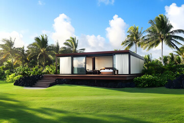 Illustration Tropical Paradise Home, Vacation Getaway