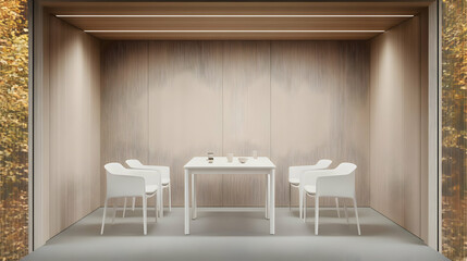 Illustration - Modern Minimalist Dining Room Interior Design, Table, Chairs, Wood Paneling, Lighting
