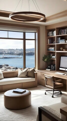 Fototapeta premium Photo: Modern Home Office Interior Design with Ocean View